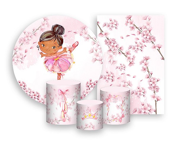 Kit 2 Painéis De Festa + Trio De Capas Cilindro - Bailarina Aquarela Flores de Cerejeira 007