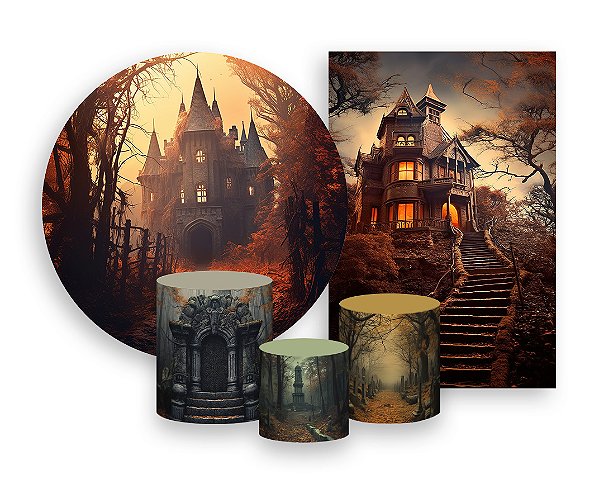 Kit 2 Painéis De Festa + Trio De Capas Cilindro - Halloween Castelo Misterioso 013