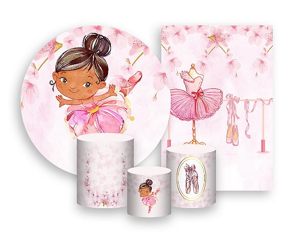 Kit 2 Painéis De Festa + Trio De Capas Cilindro - Bailarina Flores Rosa 012