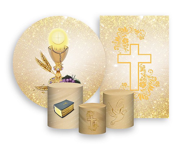 Kit 2 Painéis De Festa + Trio De Capas Cilindro - Primeira Eucaristia Comunhão Bege 006