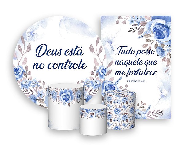 Kit 2 Painéis De Festa + Trio De Capas Cilindro - Floral Azul Deus Está no Controle 007