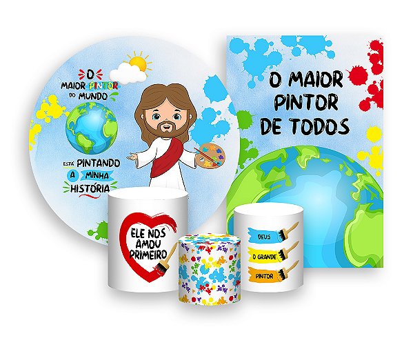 Kit 2 Painéis De Festa + Trio De Capas Cilindro - Jesus Maior Pintor do Mundo Céu 009