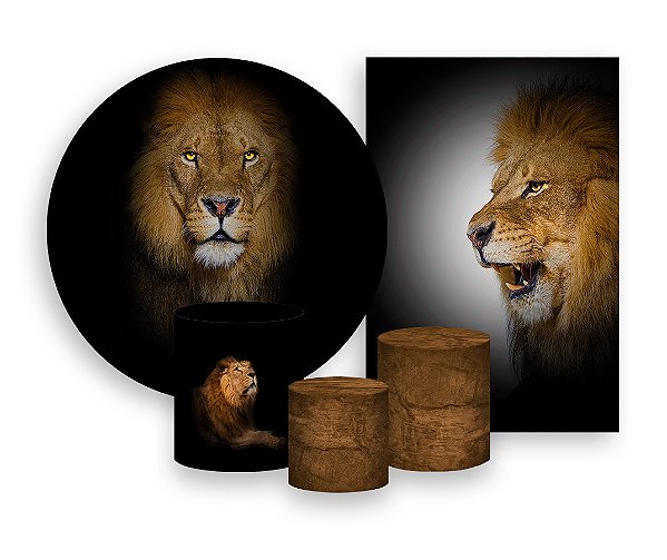Kit 2 Painéis De Festa + Trio De Capas Cilindro - Leão Realista Fundo Preto 011