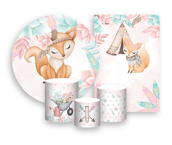 Kit 2 Painéis De Festa + Trio De Capas Cilindro - Bosque Raposa Boho 001
