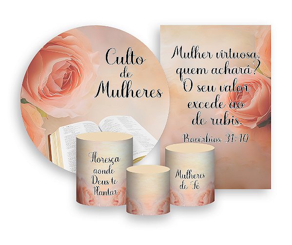 Kit 2 Painéis De Festa + Trio De Capas Cilindro - Culto de Mulheres Rosa Bíblia 012