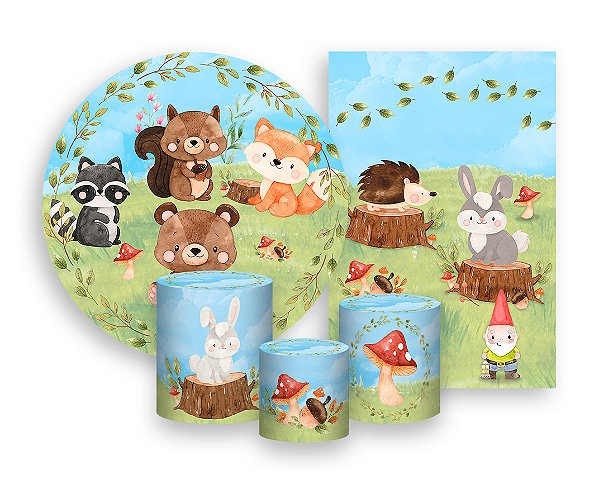 Kit 2 Painéis De Festa + Trio De Capas Cilindro - Bosque Animais Cute 003