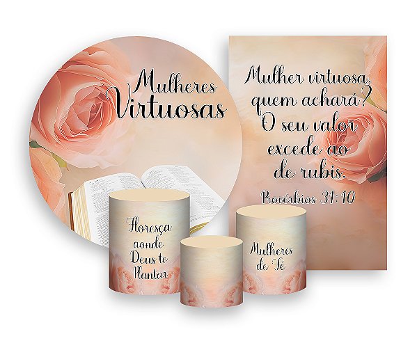 Kit 2 Painéis De Festa + Trio De Capas Cilindro - Culto de Mulheres Virtuosas Bíblia 014