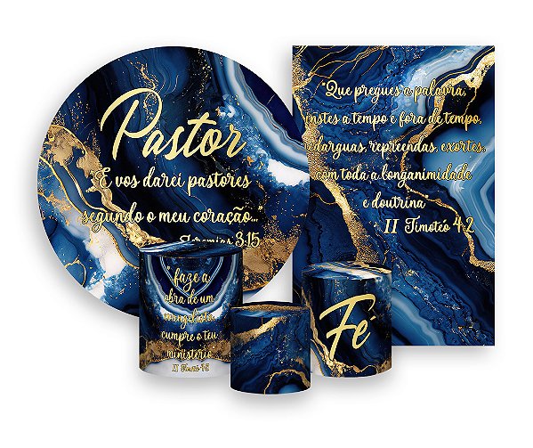 Kit 2 Painéis De Festa + Trio De Capas Cilindro - Pastor Efeito Marmorizado Azul com Dourado 015