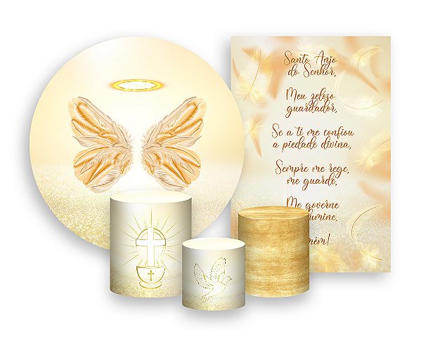Kit 2 Painéis De Festa + Trio De Capas Cilindro - Batizado Asas Douradas 001