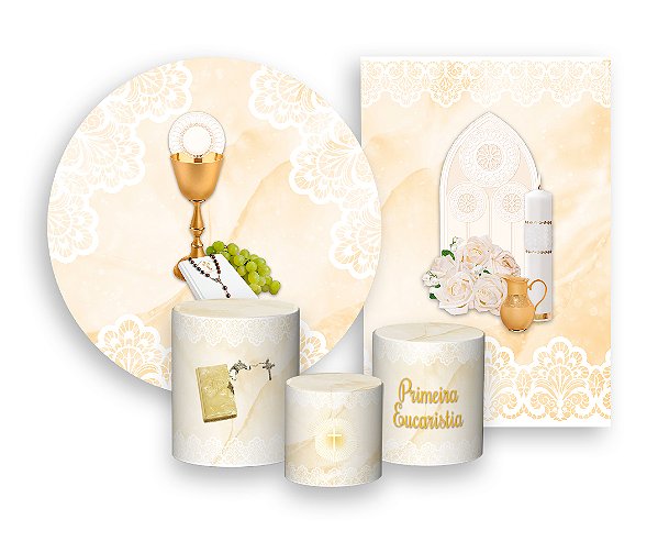 Kit 2 Painéis De Festa + Trio De Capas Cilindro - Primeira Eucaristia Bege 002