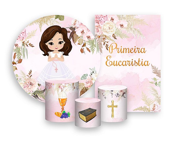 Kit 2 Painéis De Festa + Trio De Capas Cilindro - Primeira Eucaristia Menina Cute 003