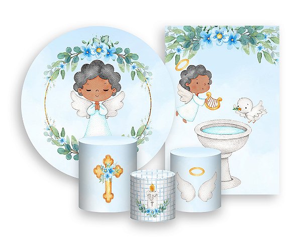 Kit 2 Painéis De Festa + Trio De Capas Cilindro - Batizado Anjinho Floral 008