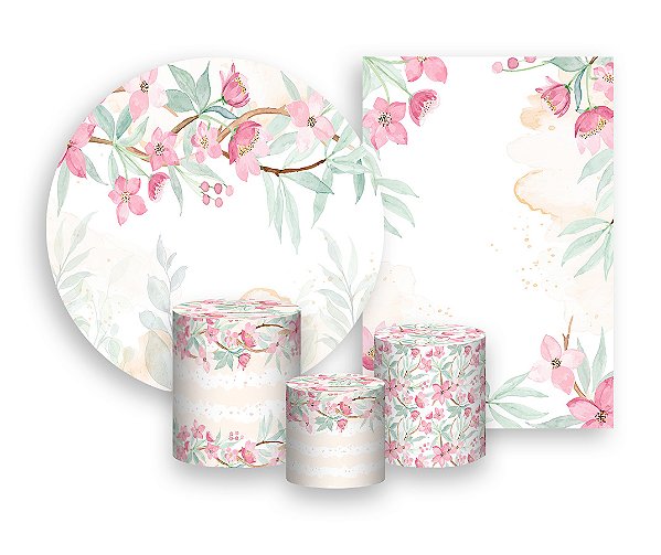 Kit 2 Painéis De Festa + Trio De Capas Cilindro - Jardim Aquarela Floral Primavera 007