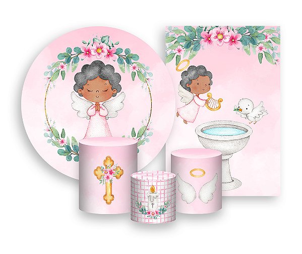 Kit 2 Painéis De Festa + Trio De Capas Cilindro - Batizado Anjinha Rosa 011