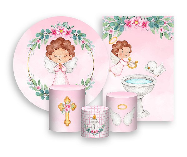 Kit 2 Painéis De Festa + Trio De Capas Cilindro - Batizado Anjinha Frame Floral 012