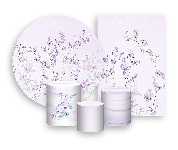Kit 2 Painéis De Festa + Trio De Capas Cilindro - Jardim Floral Lilás Suave 015