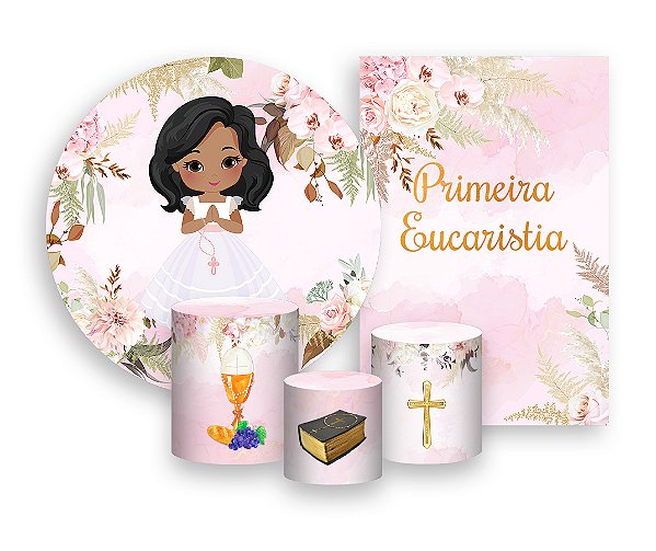 Kit 2 Painéis De Festa + Trio De Capas Cilindro - Primeira Comunhão Menina 014