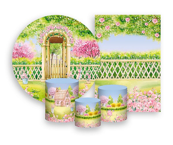 Kit 2 Painéis De Festa + Trio De Capas Cilindro - Jardim Porta Flores Rosas 018