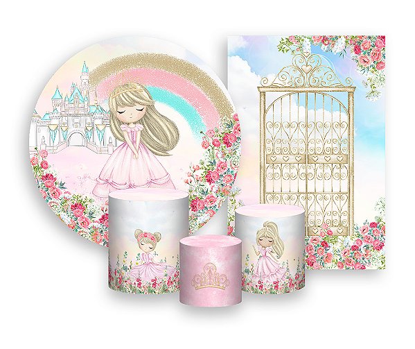 Kit 2 Painéis De Festa + Trio De Capas Cilindro - Jardim Rosa Princesa Loira 020