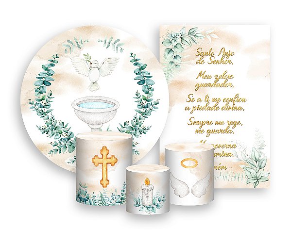 Kit 2 Painéis De Festa + Trio De Capas Cilindro - Batizado Folhagens Neutro 016