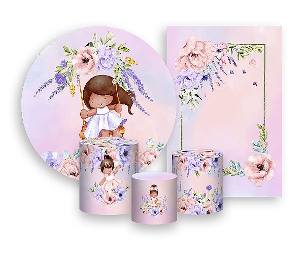 Kit 2 Painéis De Festa + Trio De Capas Cilindro - Jardim Rosa e Lilás com Meninas 022