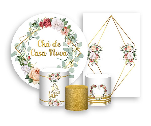 Kit 2 Painéis De Festa + Trio De Capas Cilindro - Chá de Casa Nova Geométrico Floral 001
