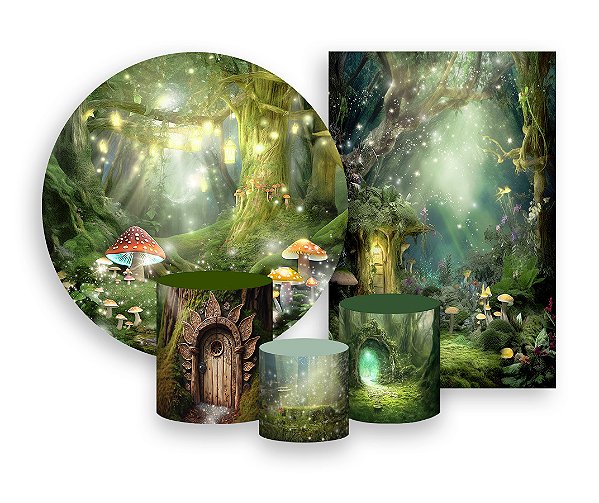 Kit 2 Painéis De Festa + Trio De Capas Cilindro - Jardim Encantado com Cogumelos 027