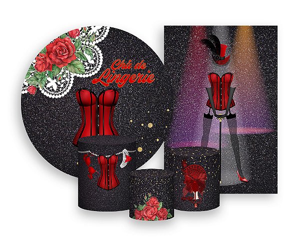 Kit 2 Painéis De Festa + Trio De Capas Cilindro - Chá de Lingerie Vermelho e Preto 004