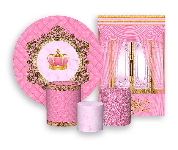 Kit 2 Painéis De Festa + Trio De Capas Cilindro - Coroa Realeza Capitonê Rosa 001