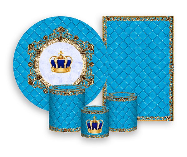 Kit 2 Painéis De Festa + Trio De Capas Cilindro - Coroa Realeza Capitonê Azul 003