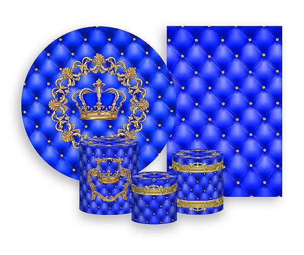 Kit 2 Painéis De Festa + Trio De Capas Cilindro - Coroa Realeza Capitonê Azul Royal 006