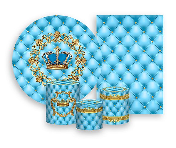 Kit 2 Painéis De Festa + Trio De Capas Cilindro - Coroa Realeza Capitonê Azul Claro 007