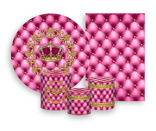 Kit 2 Painéis De Festa + Trio De Capas Cilindro - Coroa Realeza Capitonê Pink 008