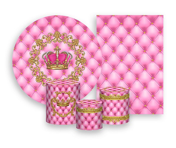 Kit 2 Painéis De Festa + Trio De Capas Cilindro - Coroa Realeza Capitonê Rosa 009