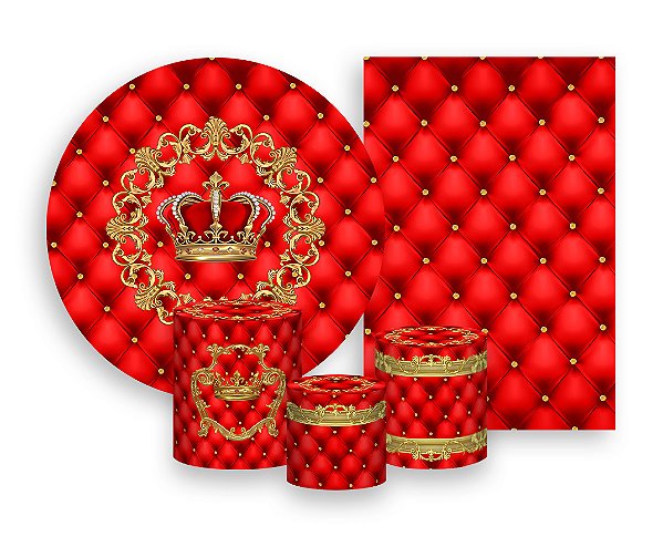 Kit 2 Painéis De Festa + Trio De Capas Cilindro - Coroa Realeza Capitonê Vermelho 010