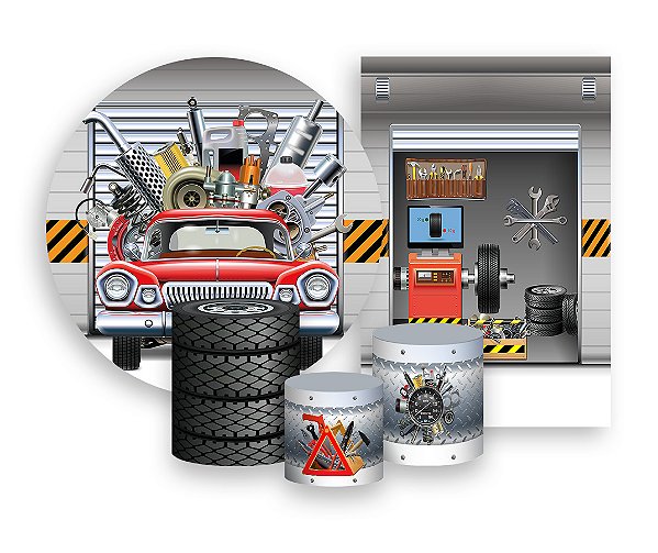 Kit 2 Painéis De Festa + Trio De Capas Cilindro - Carro na Oficina 004