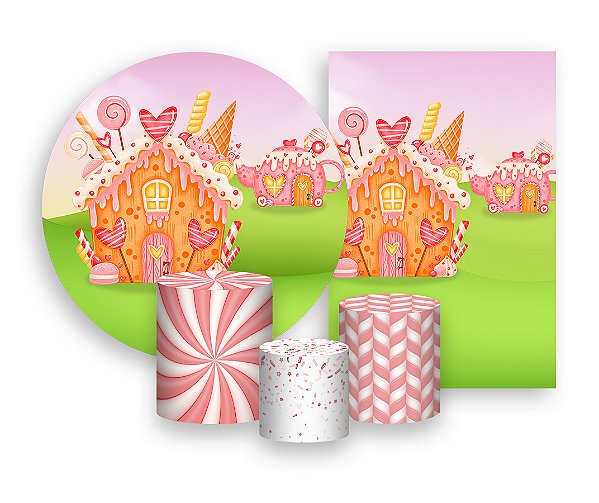Kit 2 Painéis De Festa + Trio De Capas Cilindro - Casinha de Doces 001