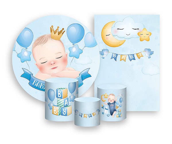 Kit 2 Painéis De Festa + Trio De Capas Cilindro - Chá de Bebê Menino Azul 001