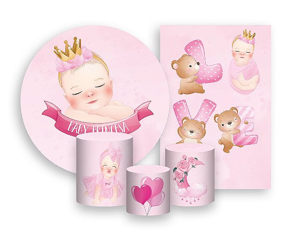 Kit 2 Painéis De Festa + Trio De Capas Cilindro - Chá de Bebê Menina Rosa Claro 002