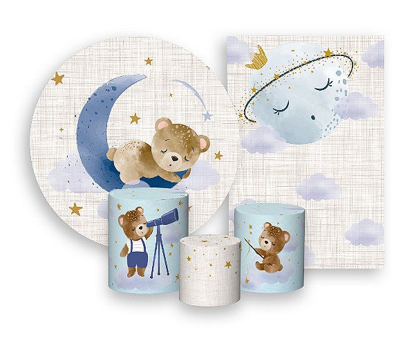 Kit 2 Painéis De Festa + Trio De Capas Cilindro - Chá de Bebê Ursinhos Dormindo 003