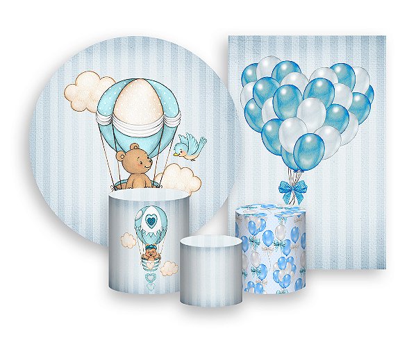 Kit 2 Painéis De Festa + Trio De Capas Cilindro - Ursinho Baloeiro Azul Claro 004