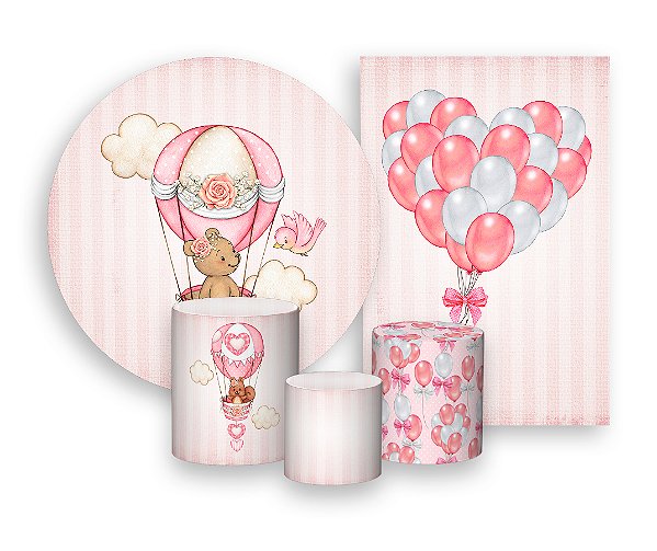 Kit 2 Painéis De Festa + Trio De Capas Cilindro -  Ursinha Baloeira Rosa Claro 005