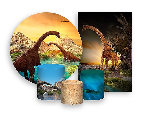 Kit 2 Painéis De Festa + Trio De Capas Cilindro - Dinossauros Realista no Lago 002