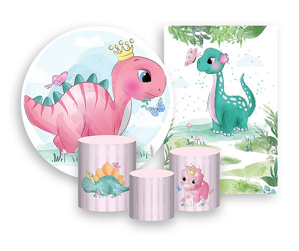 Kit 2 Painéis De Festa + Trio De Capas Cilindro - Dinossauros Cute 006