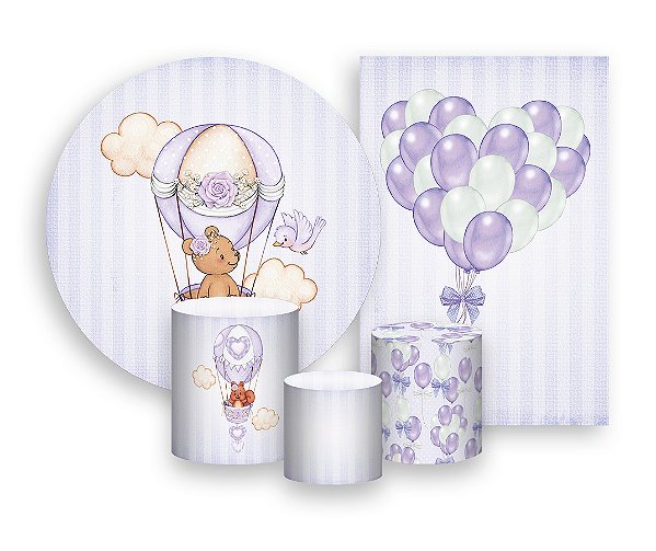 Kit 2 Painéis De Festa + Trio De Capas Cilindro - Ursinha Baloeira Lilás 012