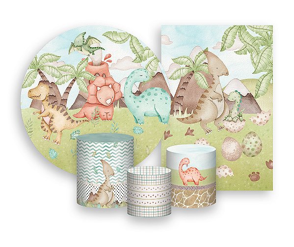 Kit 2 Painéis De Festa + Trio De Capas Cilindro - Dinossauros Cute Aquarela 008