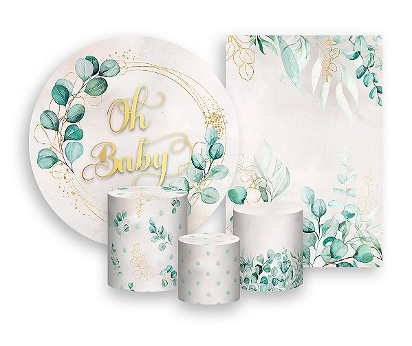 Kit 2 Painéis De Festa + Trio De Capas Cilindro - Chá de Bebê Oh Baby Folhagens 013