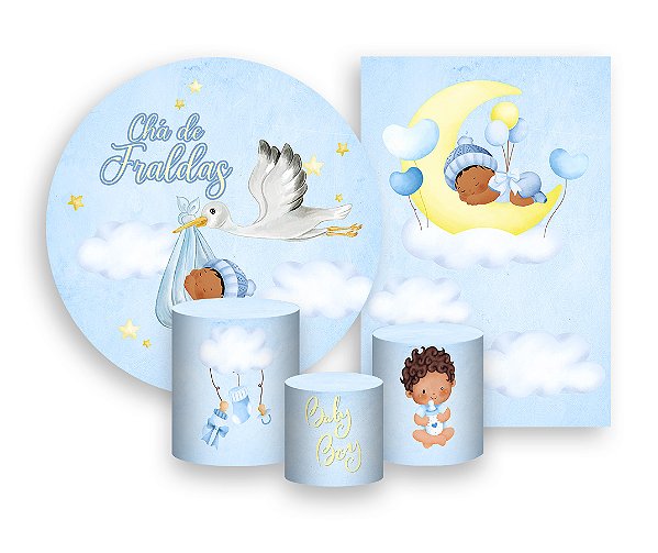 Kit 2 Painéis De Festa + Trio De Capas Cilindro - Chá de Fraldas Menino Azul  018