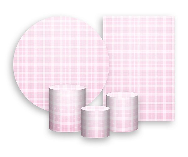 Kit 2 Painéis De Festa + Trio De Capas Cilindro - Xadrez Degradê Rosa Suave 023