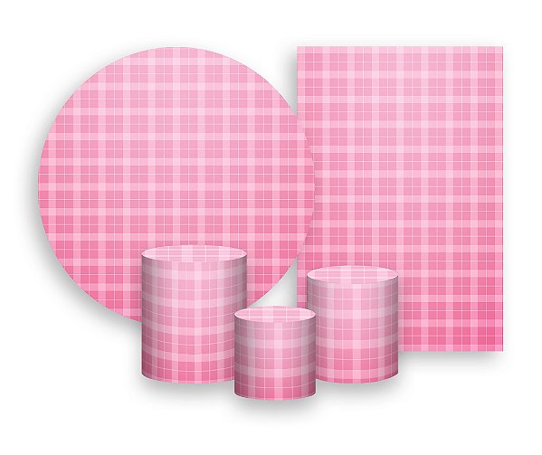 Kit 2 Painéis De Festa + Trio De Capas Cilindro - Xadrez Degradê Rosa 024